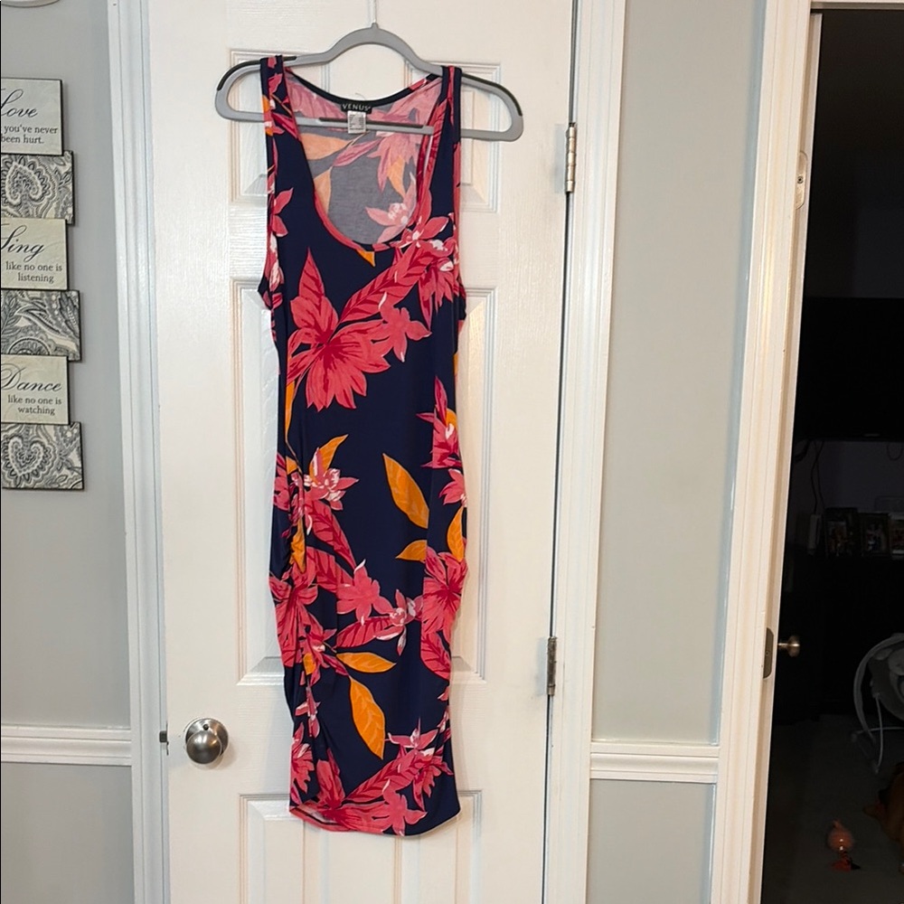 Floral Sleeveless Dress - Pink and Orange on Navy